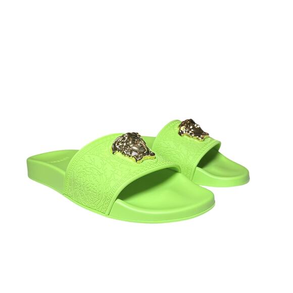 VERSACE NIB Palazzo Medusa Neon Green Rubber Pool Slides Sandals Size 39.5 NEW - Picture 1 of 7